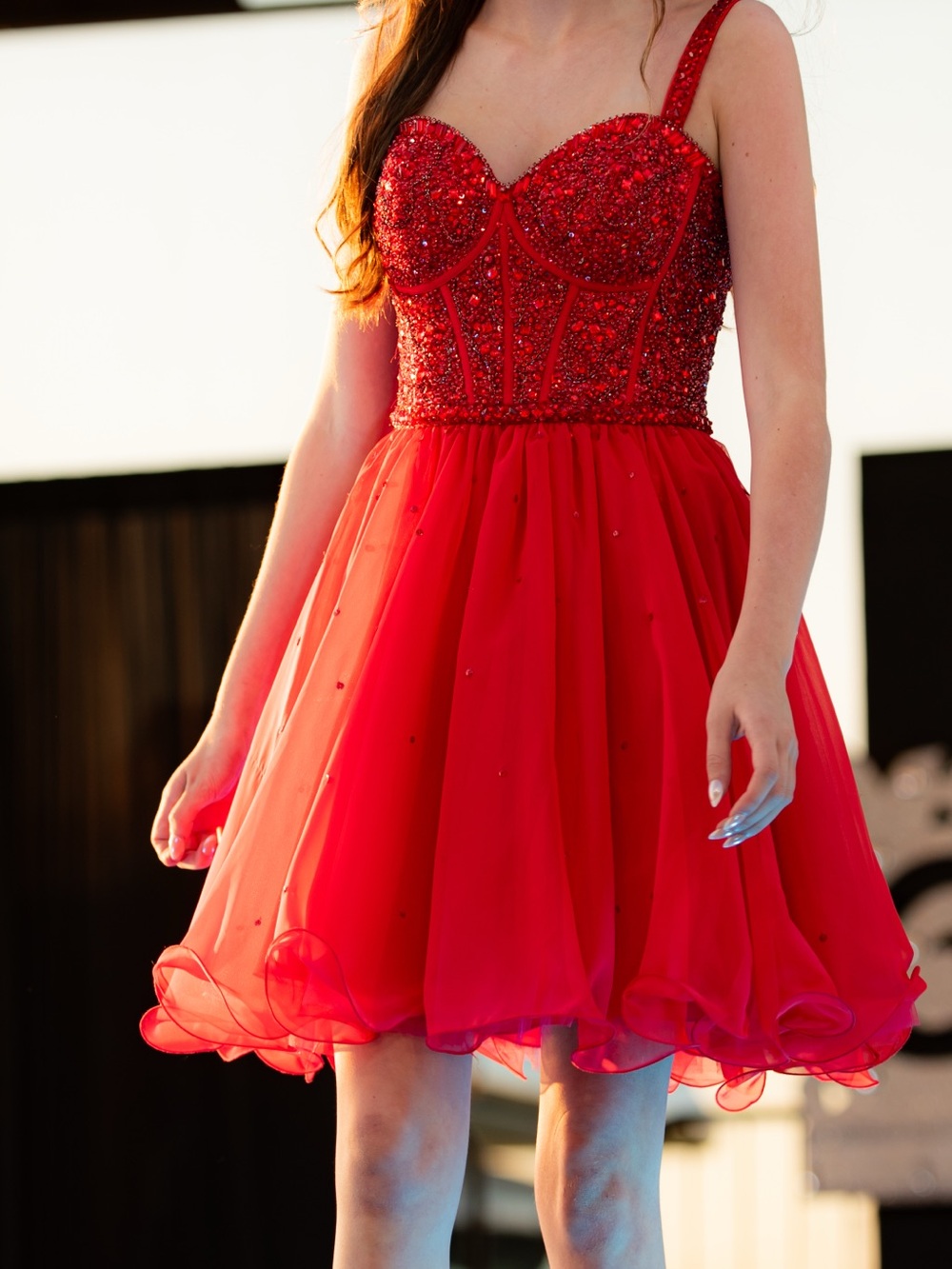 Red Beaded Fit-and-Flare Party Dress